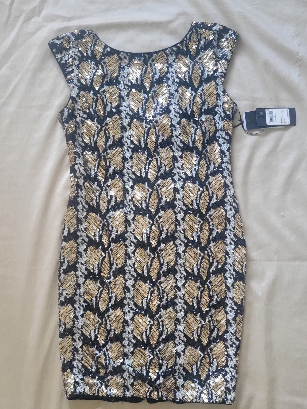 bebe Black Sequin Sheath Dress with Gold and Silver Accents